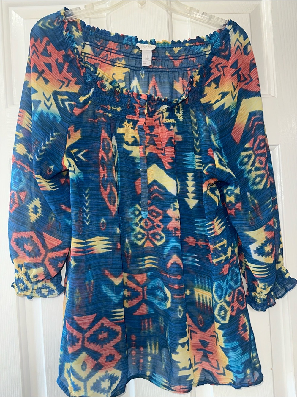 Chico's Multicolor Blue Coral Yellow Boho Tunic